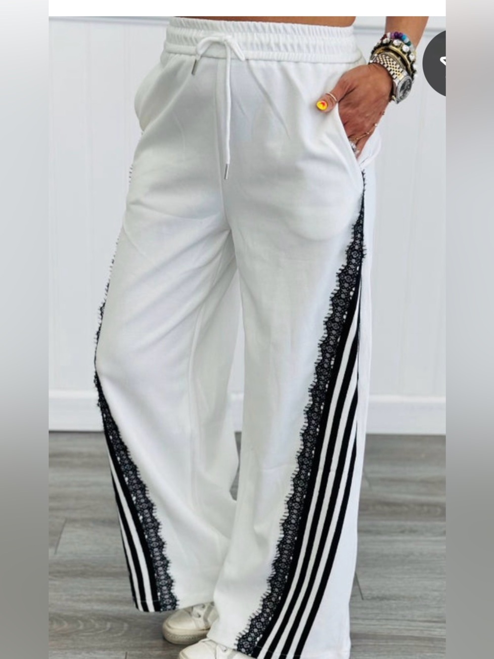 White Wide-Leg Lace-Trim Track Pants